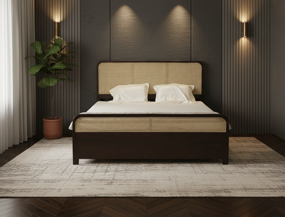 Solid Wood King Size Rattan Double Bed with Storage Boxes