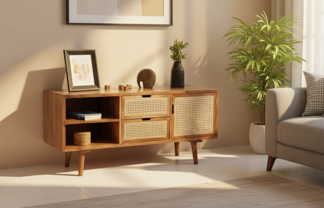 Solid Wood Rattan TV Unit with Cabinets For Living Room
