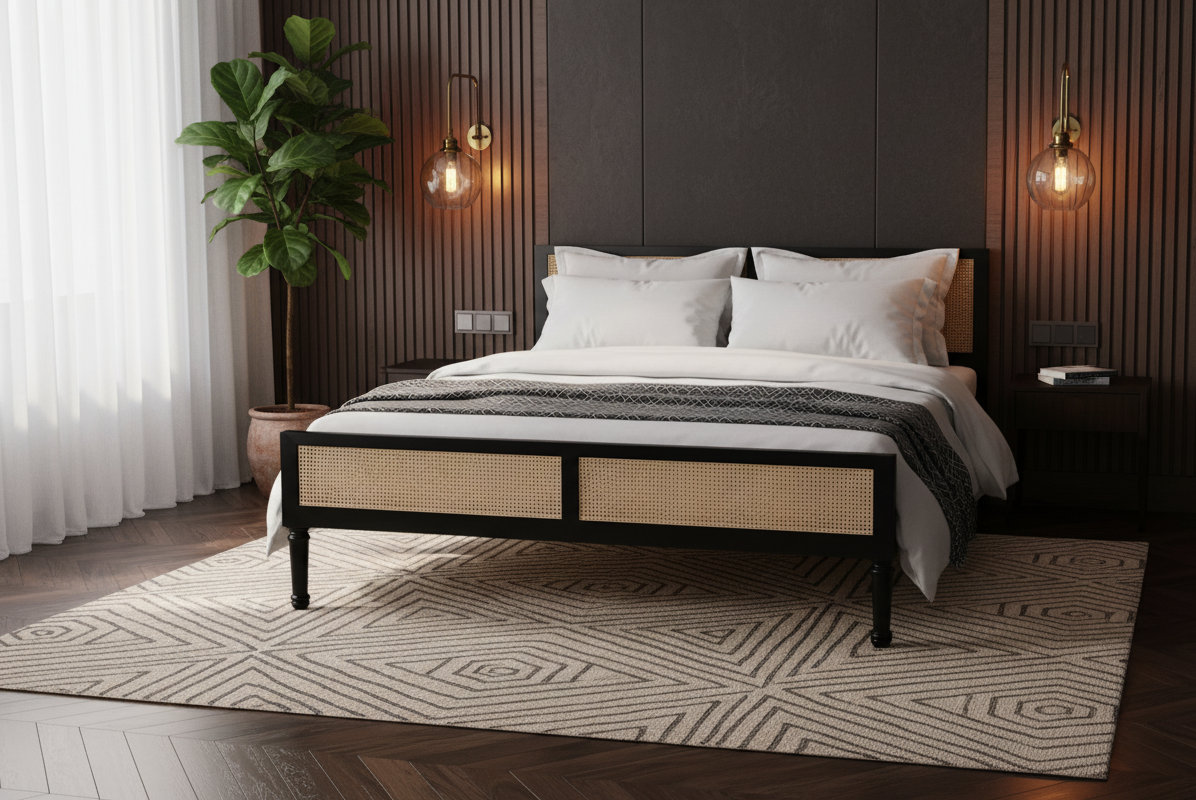 Acacia Wood Double Bed Solid Rattan Headboard & Footboard with out box With two Side Table
