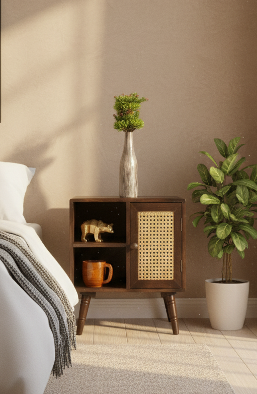 Solid Wood Rattan Bedroom Side Table with Drawer