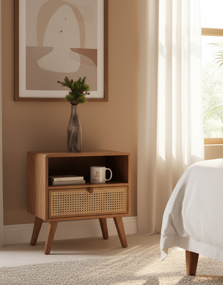 Solid Wood Rattan Nightstand with Drawer For Living Room