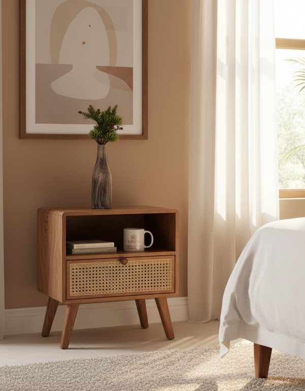 Solid Wood Rattan Nightstand with Drawer For Living Room
