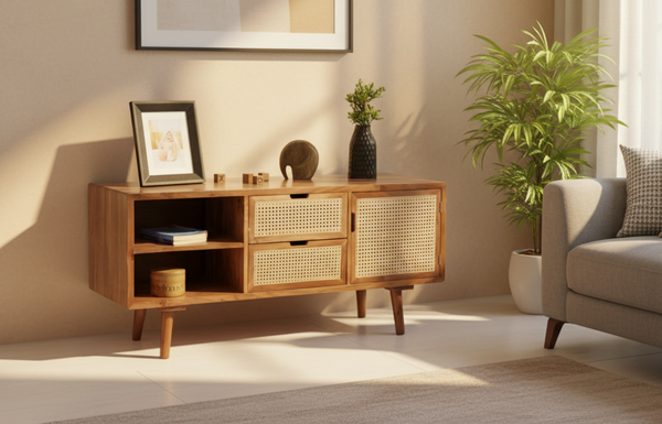 Solid Wood Rattan TV Unit with Cabinets For Living Room