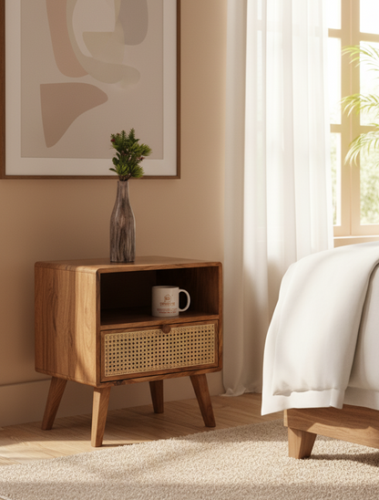 Solid Wood Rattan Nightstand with Drawer For Living Room