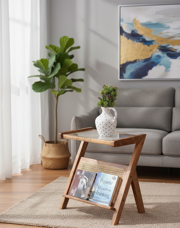 Antique Rattan Side Table Top Glass