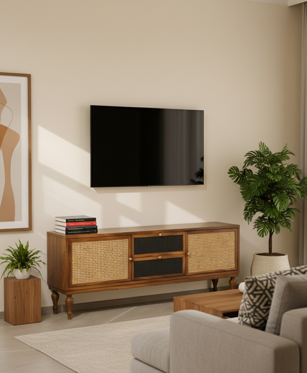 Solid Wood Rattan TV Unit with Cabinet