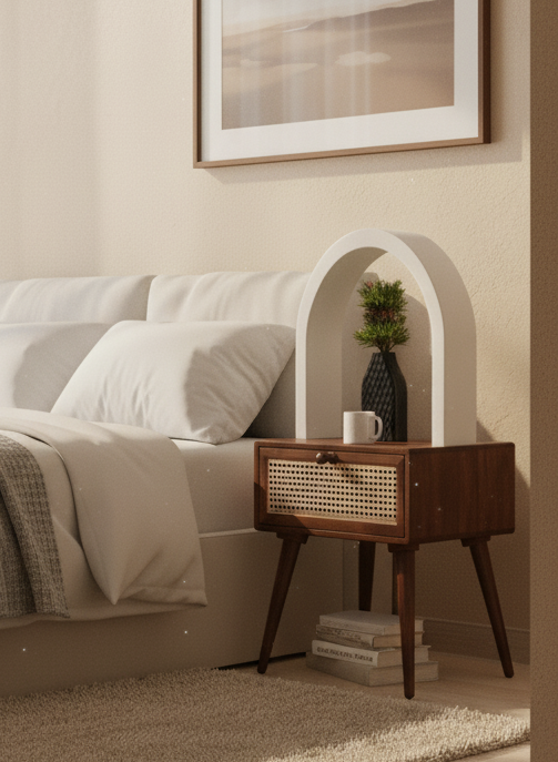 Solid Wood Rattan Bedroom Side Table with Drawer
