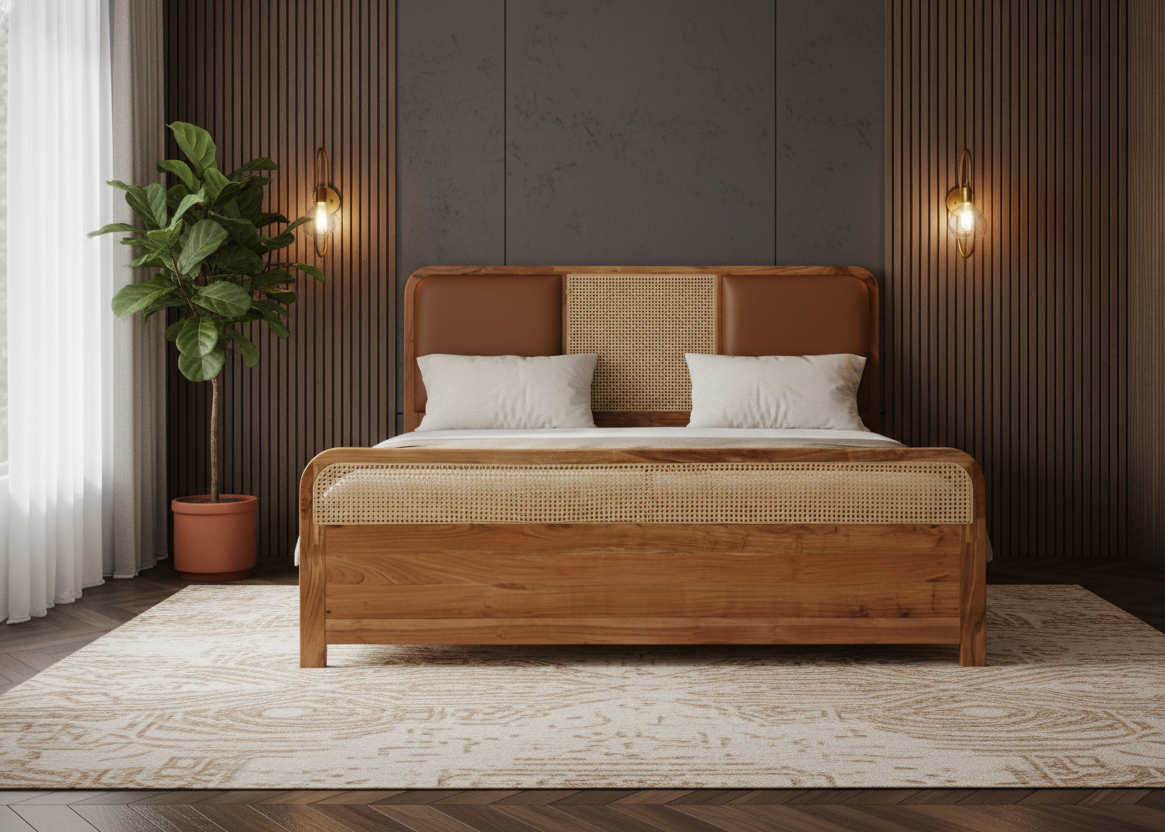 Solid Wood King Size Rattan Double Bed