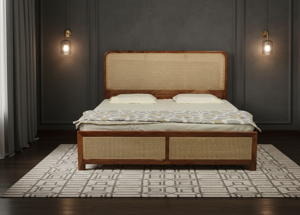 Solid Wood King Size Rattan Double Bed with Storage Boxes